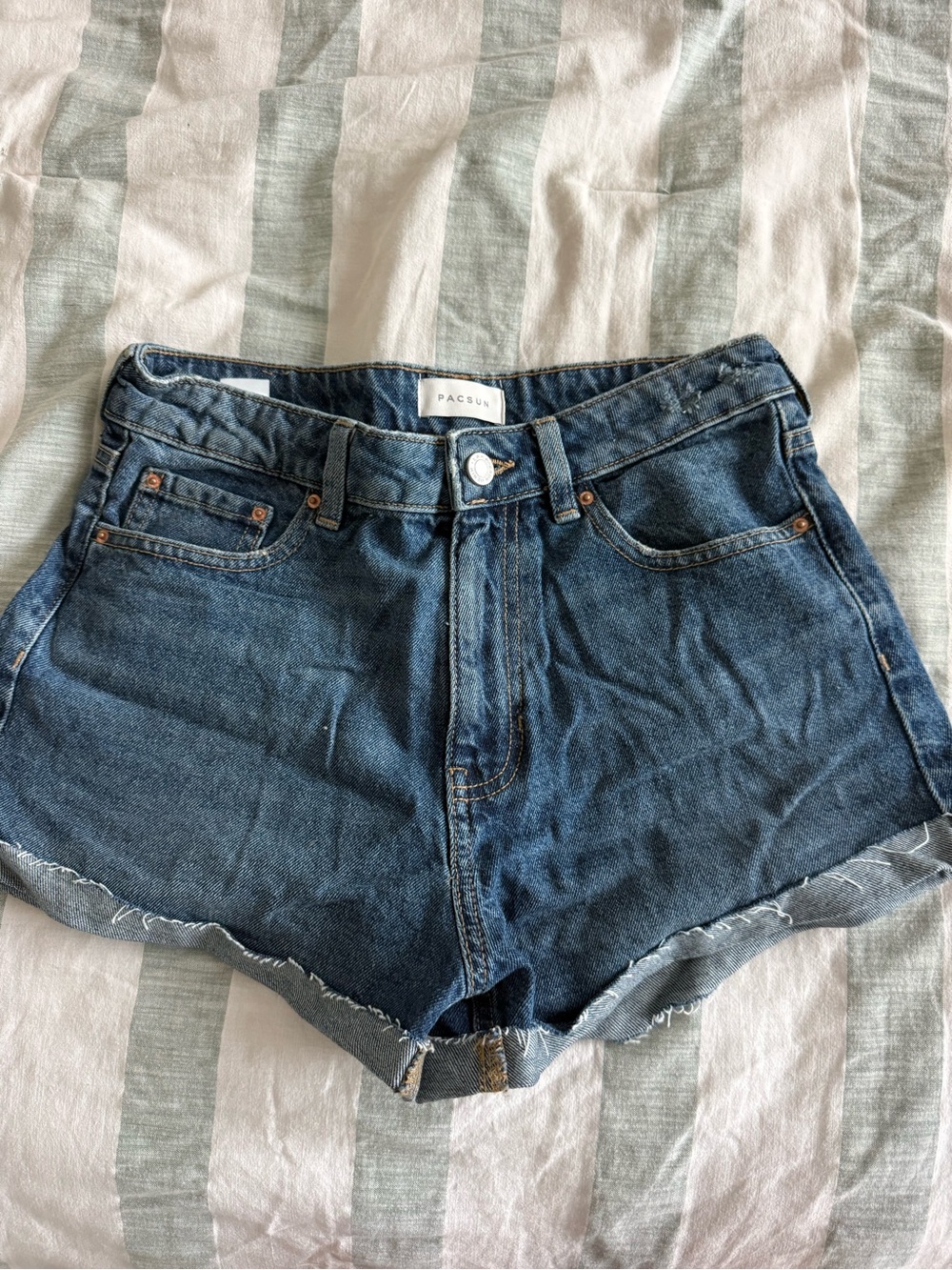 PacSun Dark Blue High-Rise Frayed Hem Denim Shorts